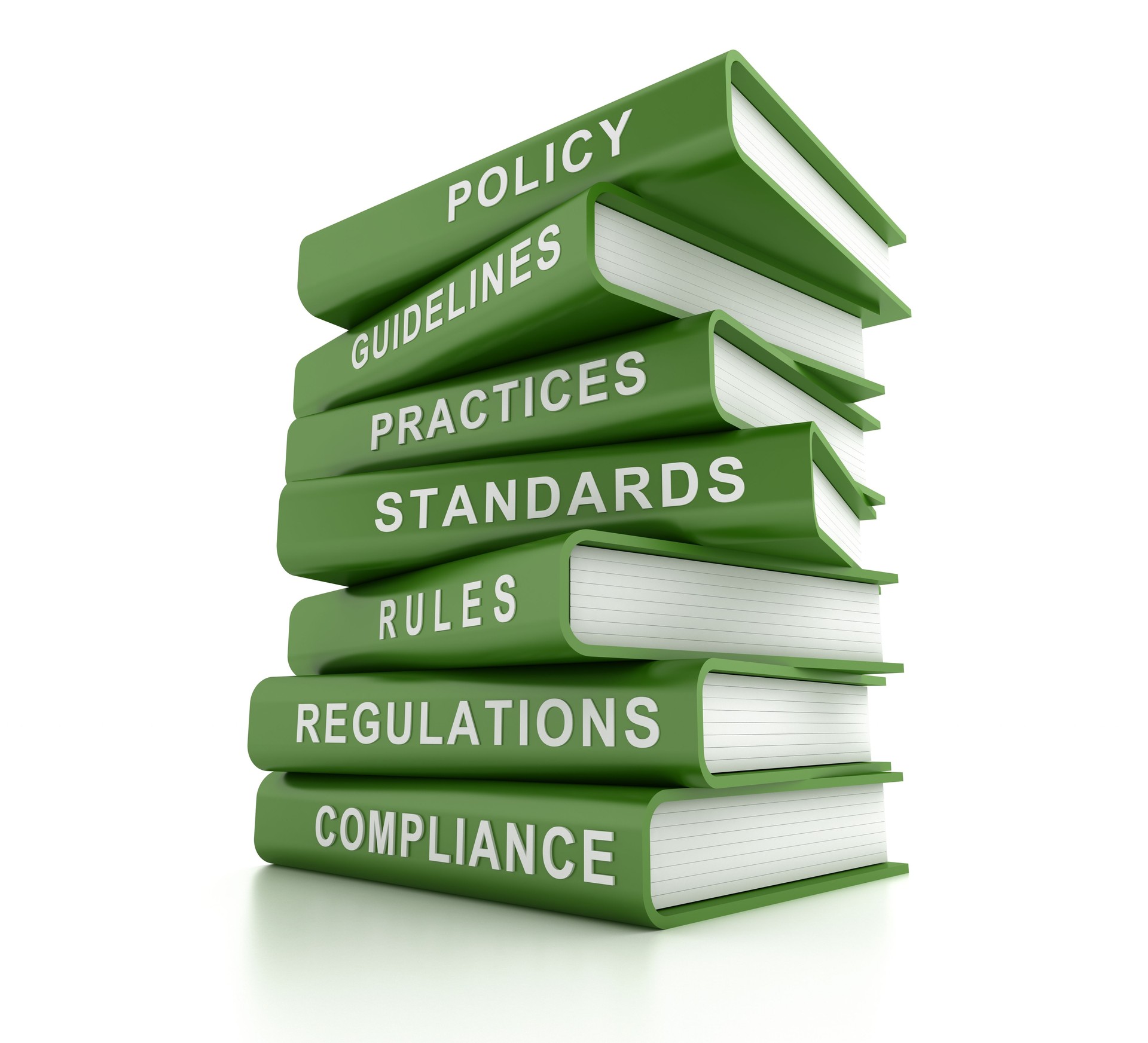 Stack of green compliance and rules books